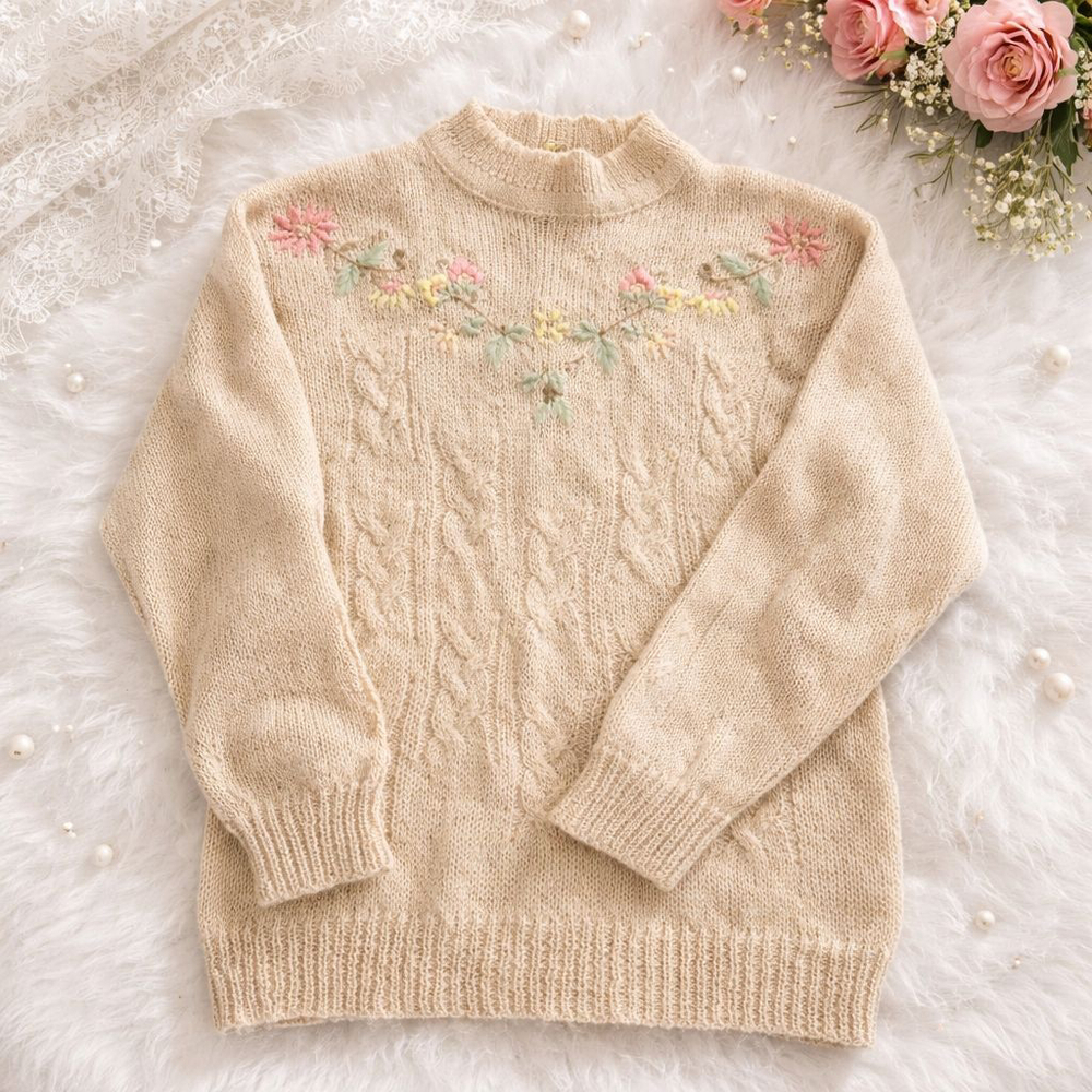 Women's Vintage Michelle Stuart Beige Floral Embroidered Crew Neck Sweater L